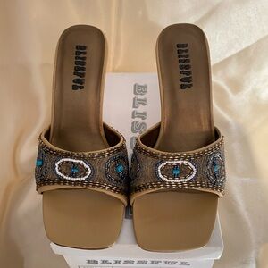 “Blissful” Women's Camel Sandals with Turquoise Bead Accents